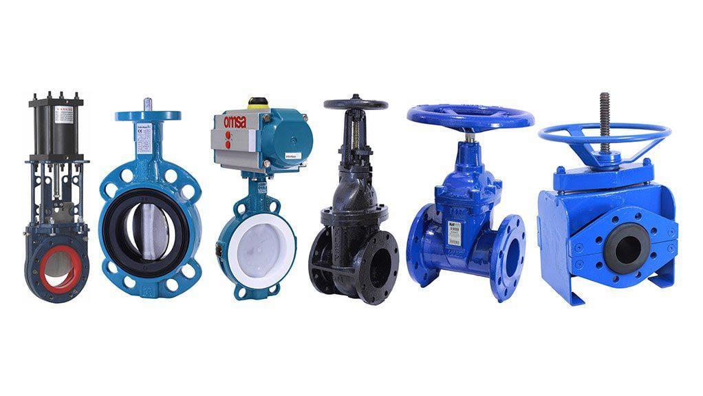 Six industrial valve types including butterfly, gate, globe and knife gate